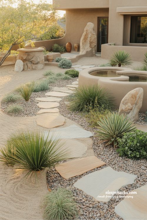 Small front yard landscaping with native plants gravel mulch and drought tolerant garden design