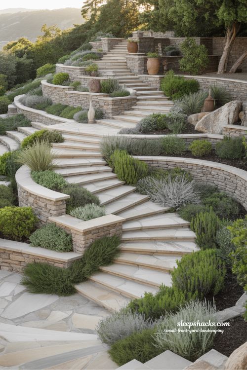 Small front yard landscaping with switchback stone staircase and Mediterranean hillside garden design