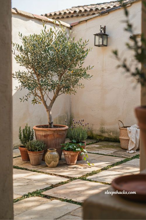 Small mediterranean garden ideas featuring a dwarf olive tree in a large terracotta pot 