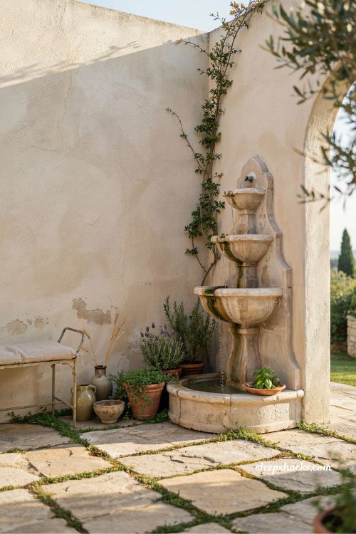 Small mediterranean garden ideas with a tiered stone fountain in a quiet corner for calm courtyard atmosphere