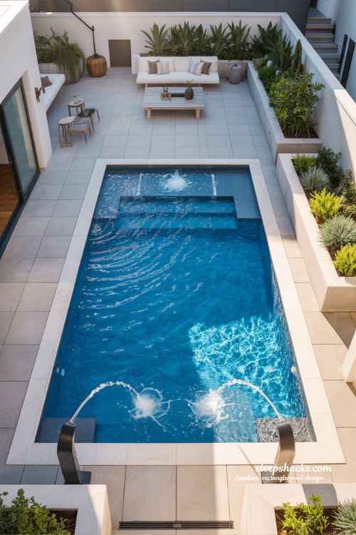 Small modern rectangle pool design for compact backyard with side steps and deck jets ideas