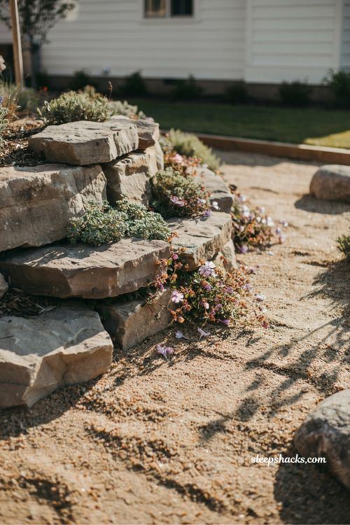 Small rock garden in a sunny corner for low maintenance front yard landscaping