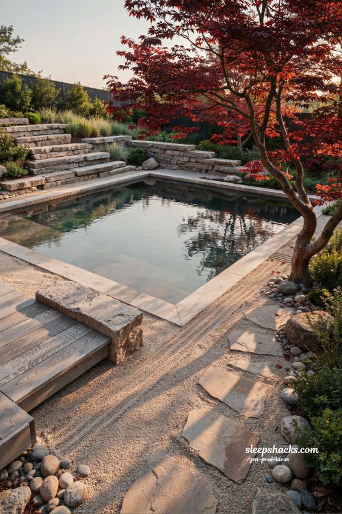 Small sloped backyard ideas with Japanese maple tree and zen pool landscaping design