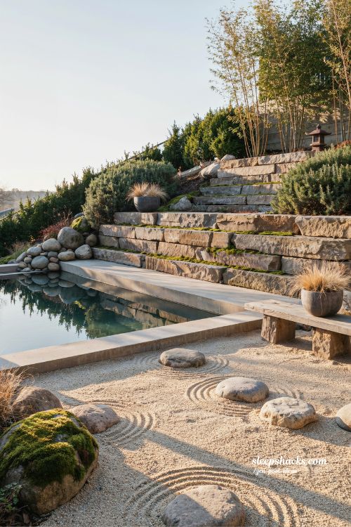 Small sloped backyard ideas with black lined rectangular pool and modern landscape design