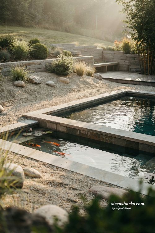 Small sloped backyard ideas with koi pond and zen pool cohesive water garden design