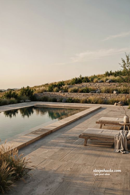 Small sloped backyard ideas with neutral concrete patio and minimalist zen pool design