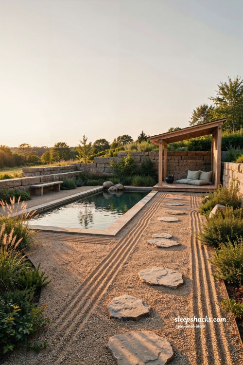 Small sloped backyard ideas with outdoor tea space and zen pool garden retreat design