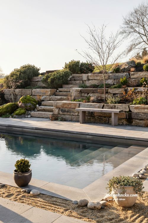 Small sloped backyard ideas with peaceful zen pool and natural stone landscaping
