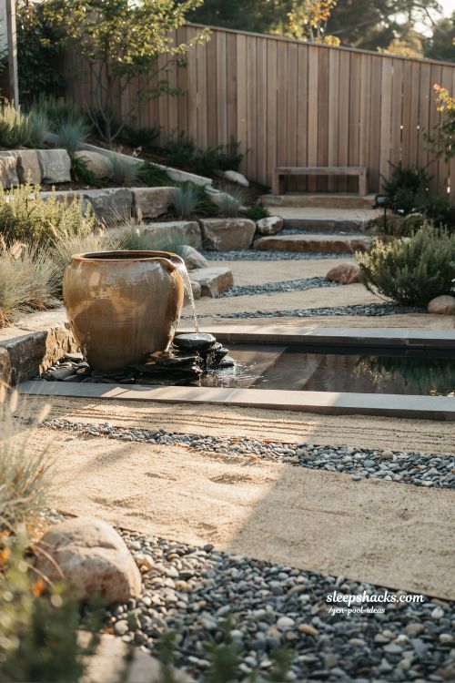 Small sloped backyard ideas with recirculating pot fountain and zen pool water feature design