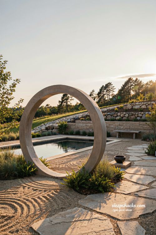 Small sloped backyard ideas with round moon gate entry and zen pool garden design