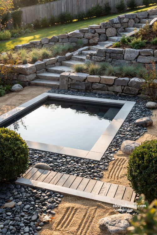 Small sloped backyard ideas with smooth river pebble pool border and zen landscape design