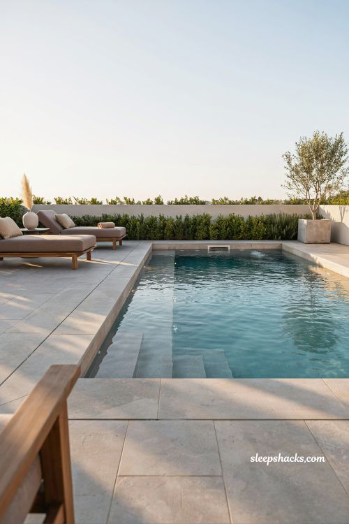 Small spool pool and spa combo in a modern backyard design featuring compact luxury outdoor living space with clean stone decking and integrated spa seating