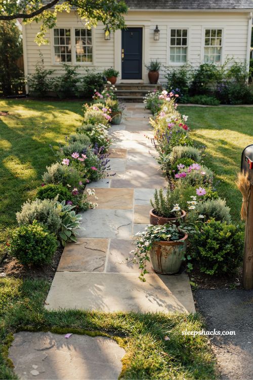 Stepping stones set into the lawn for an affordable front yard pathway