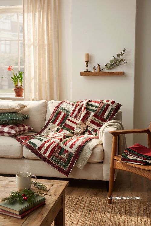 Strip pieced christmas throw quilt using jelly roll strips displayed on cozy farmhouse couch with festive holiday living room styling