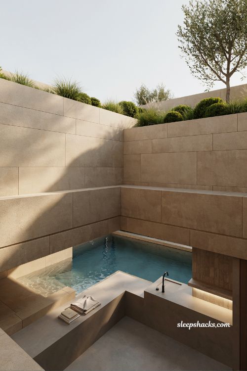 Sunken pool with built-in lounge area modern backyard design below deck level luxury tiered outdoor living space with wet bar and seating pit