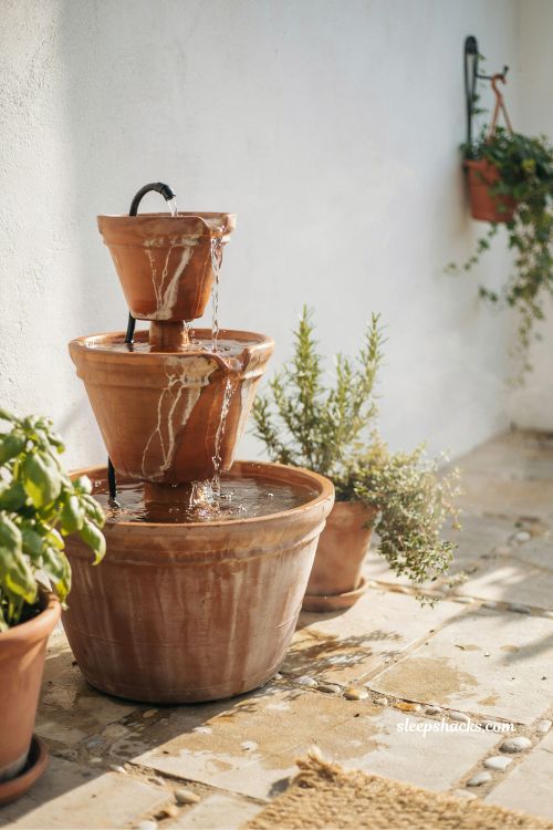 Tiered terra cotta pot water fountain diy patio garden cascading water feature idea