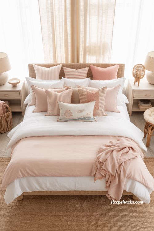 Turquoise and pink coastal bedroom with bold color contrast and natural boho textures