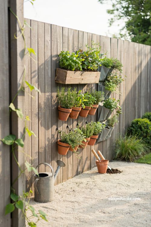 Vertical herb garden fence idea with diy planters and lush backyard greenery