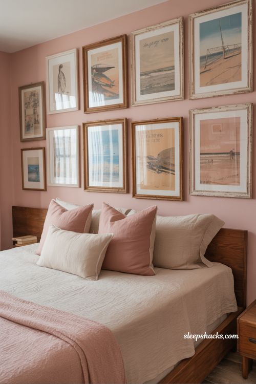 Vintage pink coastal print art with retro beach vibe in warm nostalgic bedroom decor