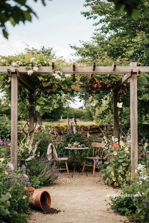 Whimsical backyard ideas with DIY pergola covered in flowering vines and romantic garden retreat seating area
