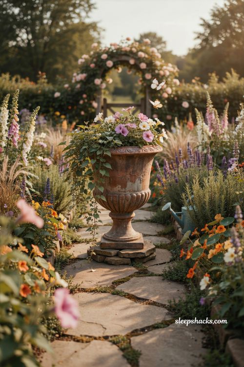 Whimsical backyard ideas with antique terra cotta urn focal point and cottage garden pathway design