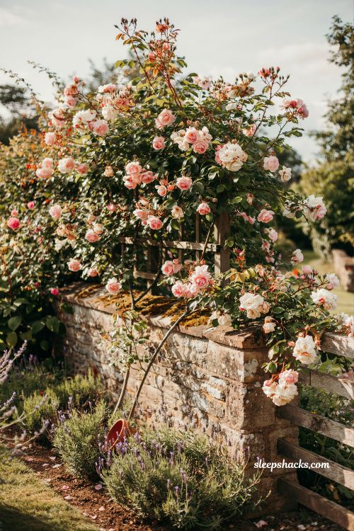 Whimsical backyard ideas with climbing roses on garden wall and lavender cottage garden romance