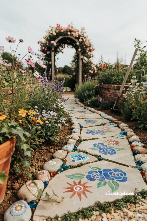 Whimsical backyard ideas with colorful mosaic stepping stone path and handmade garden walkway design