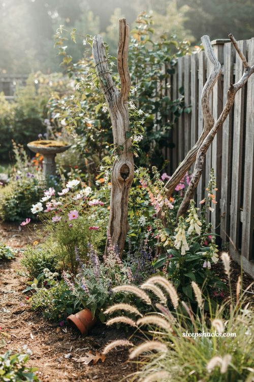Whimsical backyard ideas with driftwood garden sculpture accents and natural branch art landscaping design