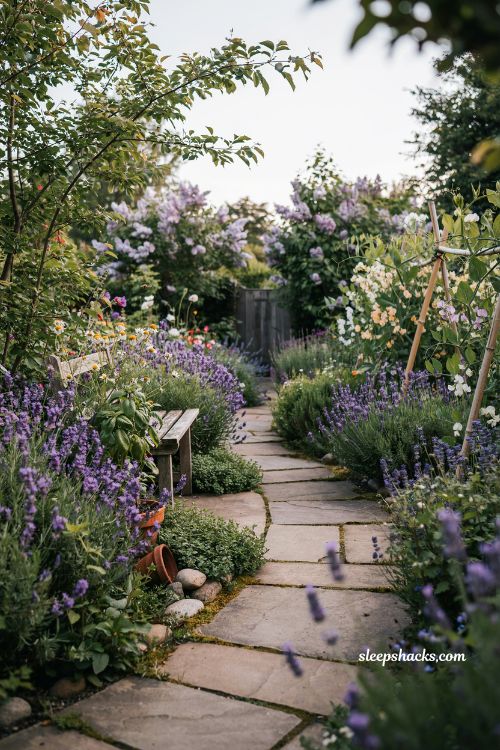 Whimsical backyard ideas with fragrant garden plants lavender lilac and sensory cottage garden pathway design