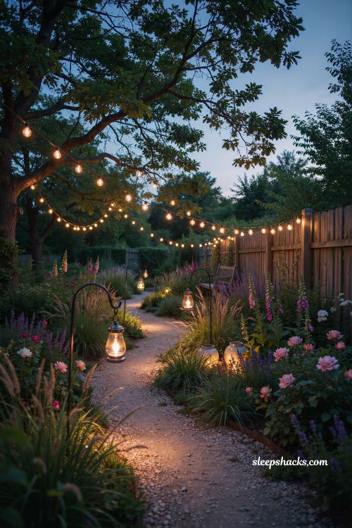 Whimsical backyard ideas with outdoor lanterns string lights and magical evening garden lighting atmosphere