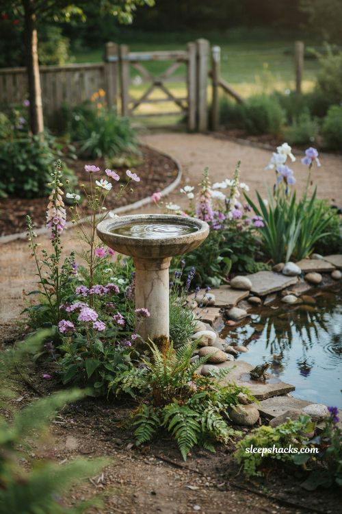 Whimsical backyard ideas with small water feature birdbath and cottage garden pond inspiration