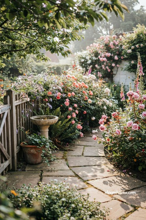 Whimsical backyard ideas with winding garden paths overgrown roses and magical cottage garden atmosphere