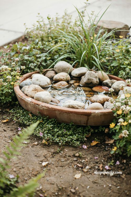 Wildlife friendly water dish garden bees and birds solar fountain shallow rock water feature idea