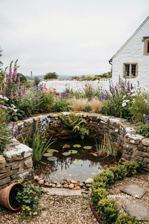 Wildlife pond in old stone well with cottage garden plants and natural rustic design