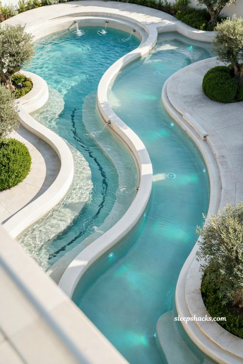 Winding lazy river with built in water jets and adjustable current backyard pool design ideas
