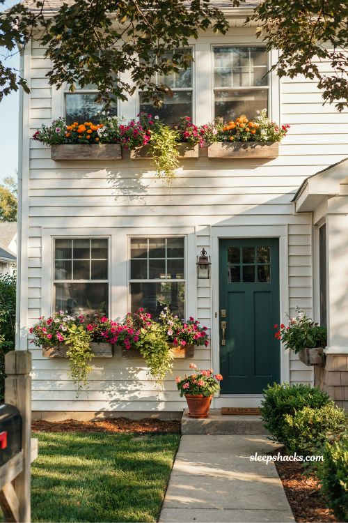 Window boxes filled with seasonal flowers for small front yard curb appeal