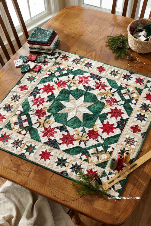 Winter magic medallion Christmas quilt with layered borders and heirloom farmhouse style