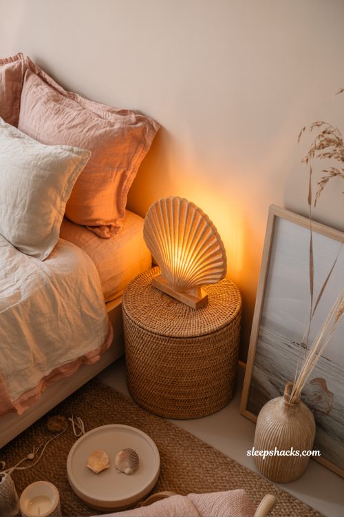 Wooden seashell night light in a pink coastal bedroom with soft warm beach glow ambiance