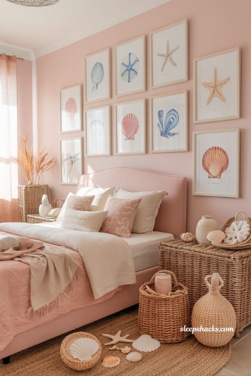Wooden seashell night light in a pink coastal bedroom with soft warm beach glow ambiance
