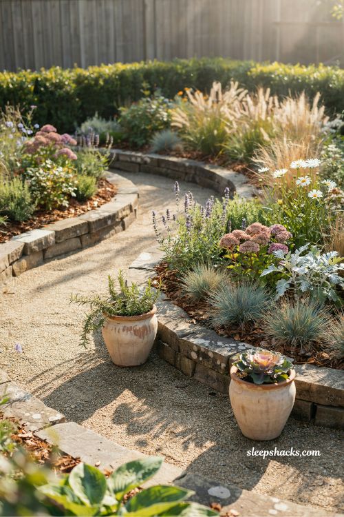backyard garden with pea gravel and mulch mixed texture landscaping design