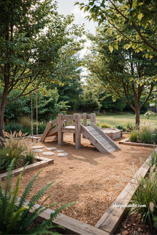 backyard play area with soft wood chip mulch and natural timber border landscaping