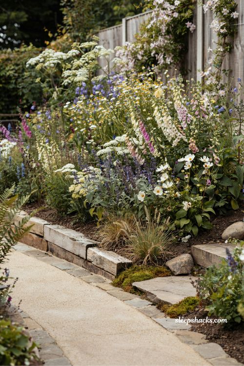 banked planting beds along path ideas for small sloped backyard layered hillside garden design