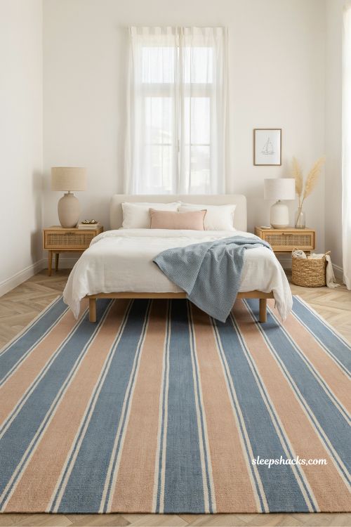 blue and pink striped rug coastal bedroom idea for grounding pink and blue seaside interior style