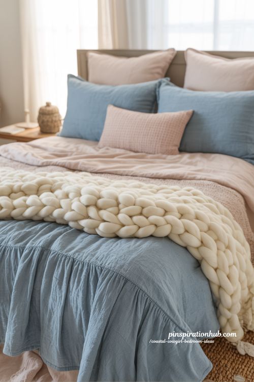 blush and blue coastal cowgirl bedding layered cotton comforter with knit throw and soft linen textures bedroom styling