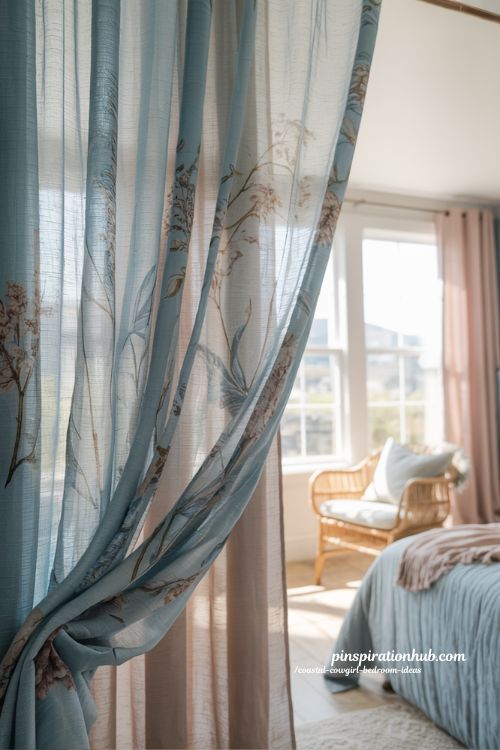 boho coastal cowgirl floral sheer curtains layered linen window treatment with soft blue and blush romantic bedroom light