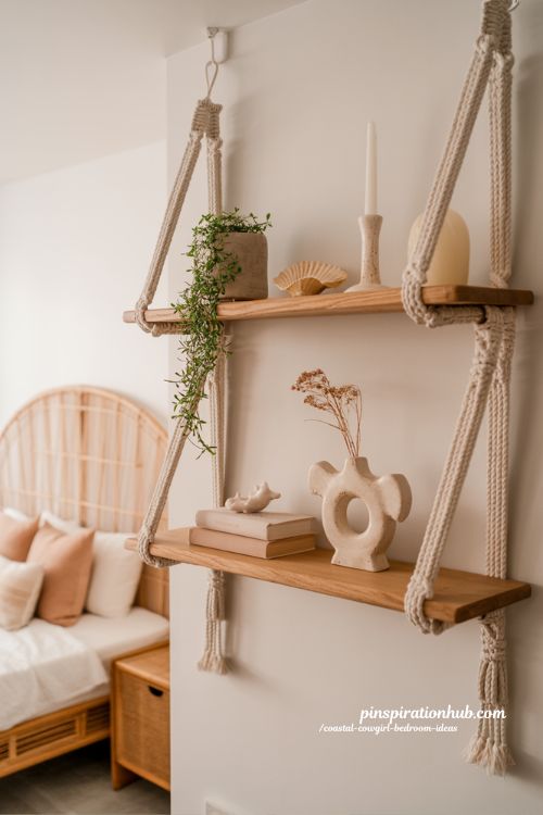 boho macrame floating shelves coastal cowgirl bedroom decor with wood shelves plants and coastal western styling