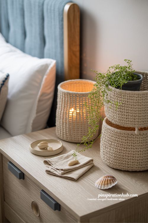 boho macrame storage baskets coastal cowgirl bedroom decor with woven organizers candle and trailing plant styling
