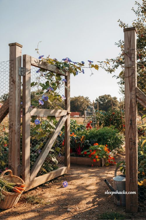 cedar posts with chicken wire chicken yard entrance rustic garden fencing ideas with climbing plants and farmhouse charm