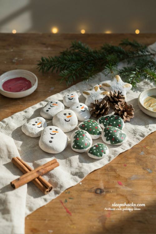 christmas rock painting ideas handmade snowman tree and star stones for festive holiday decor