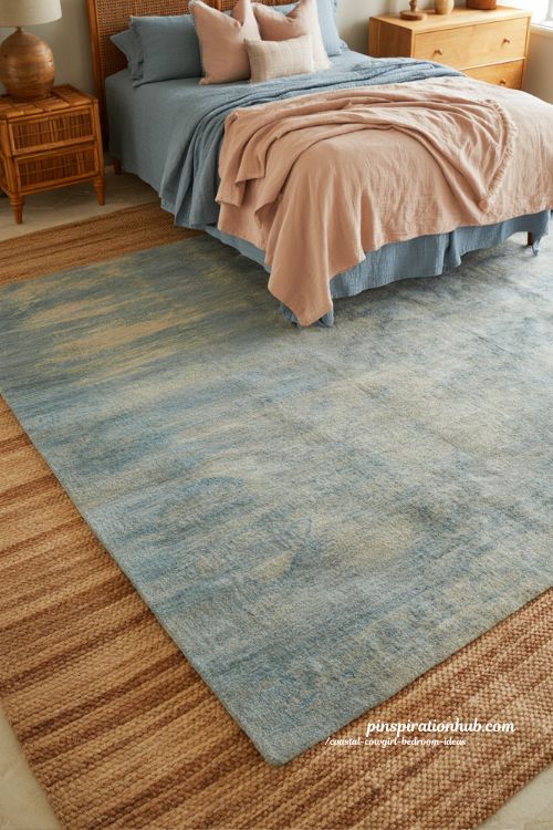 coastal cowgirl area rug bedroom with blush and blue wool rug under bed and natural boho western decor styling